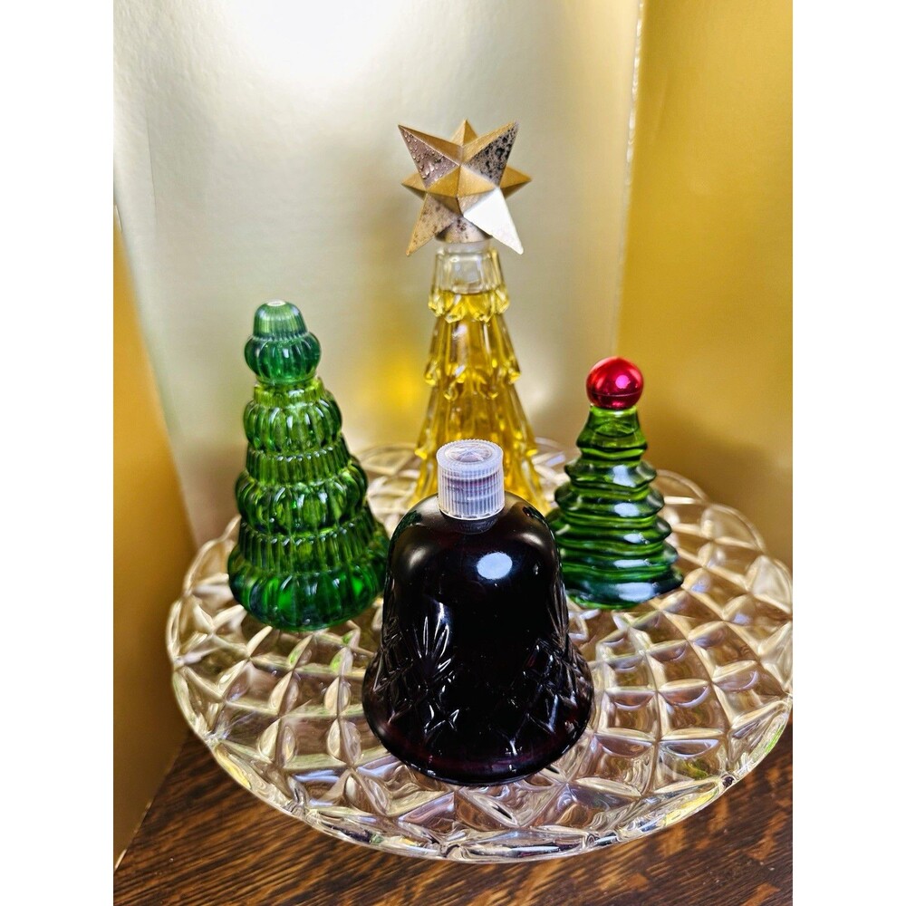 Avon Christmas Tree Decorative Glass Cologne Bottle Set 4 Pack w/ Stoppers